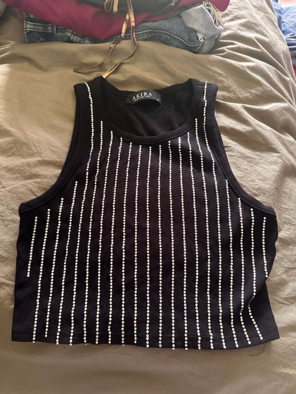 AKIRA Black Rhinestone Vertical Stripe Crop Top